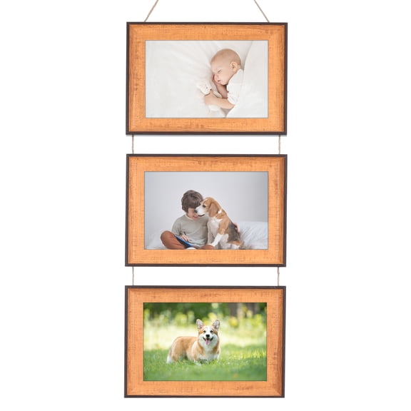 REGALWOVEN Hanging Collage Photo Frames Wall Decor, Family Picture Frame with Rope Brown Three Horizontal 4x6