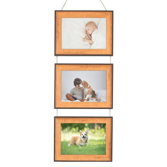 REGALWOVEN Hanging Collage Photo Frames Wall Decor, Family Picture Frame with Rope Brown Three Horizontal 5x7