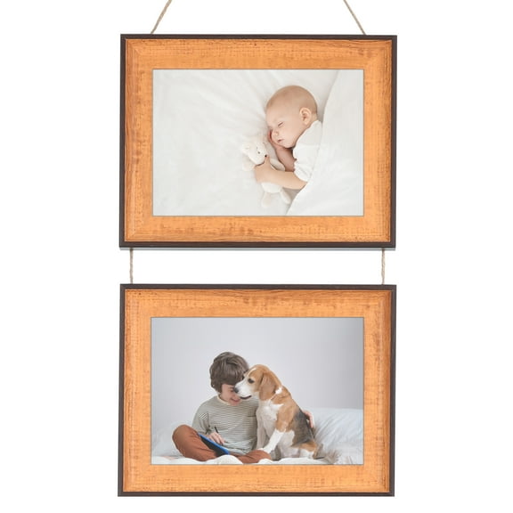 REGALWOVEN Hanging Collage Photo Frames Wall Decor, Family Picture Frame with Rope Brown Two Horizontal 5x7