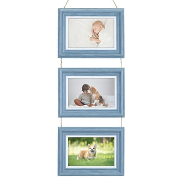 REGALWOVEN Hanging Collage Picture Frames, Photo Rustic Frame with Rope for Wall Decor Blue Three Horizontal 4x6