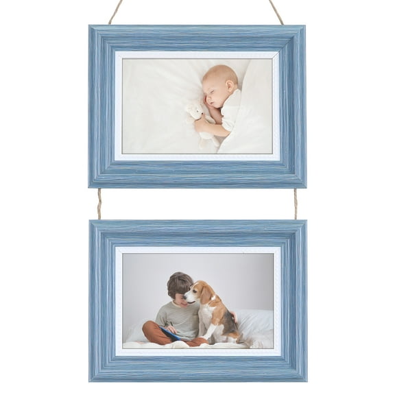 REGALWOVEN Hanging Collage Picture Frames, Photo Rustic Frame with Rope for Wall Decor Blue Two Horizontal 4x6