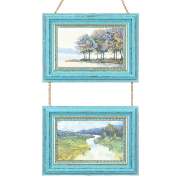 REGALWOVEN Hanging Collage Picture Frames Wall Decor, Photo Rustic Frame with Rope Blue Two Horizontal 5x7