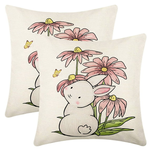 REGALWOVEN Happy Easter Rabbit Throw Pillow Covers Set of 2 Farmhouse Floral Cushion Case Decoration for Sofa Couch Flower-4 18" x 18"