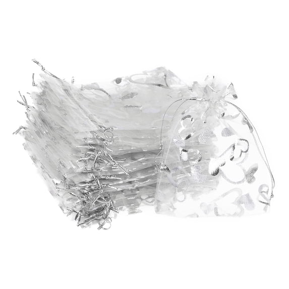 REGALWOVEN Heart Printed Organza Bags, Mini Pouches for Jewelry, Candy, Perfume, and Cosmetics Silver White 4.72"x3.5"