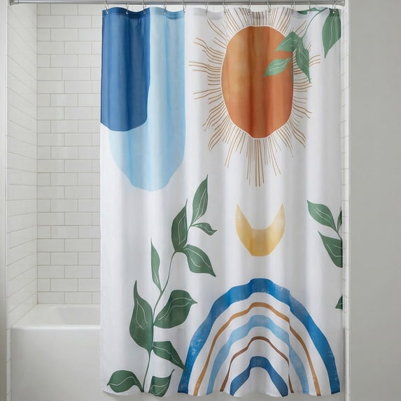 REGALWOVEN Leaf Print Shower Curtain, Bohemian Modern Waterproof Bathroom Shower Curtain Sets with 12 Plastic Hooks, Washable Blue Orange 71"W x 71"L