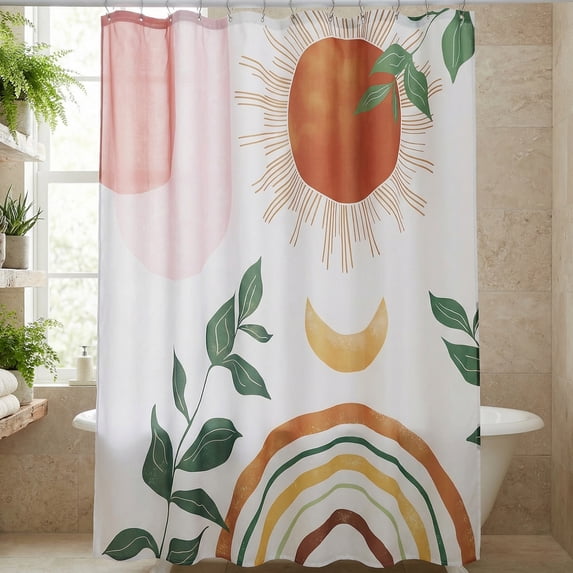 REGALWOVEN Leaf Print Shower Curtain, Bohemian Modern Waterproof Bathroom Shower Curtain Sets with 12 Plastic Hooks, Washable Pink Orange 71"W x 71"L