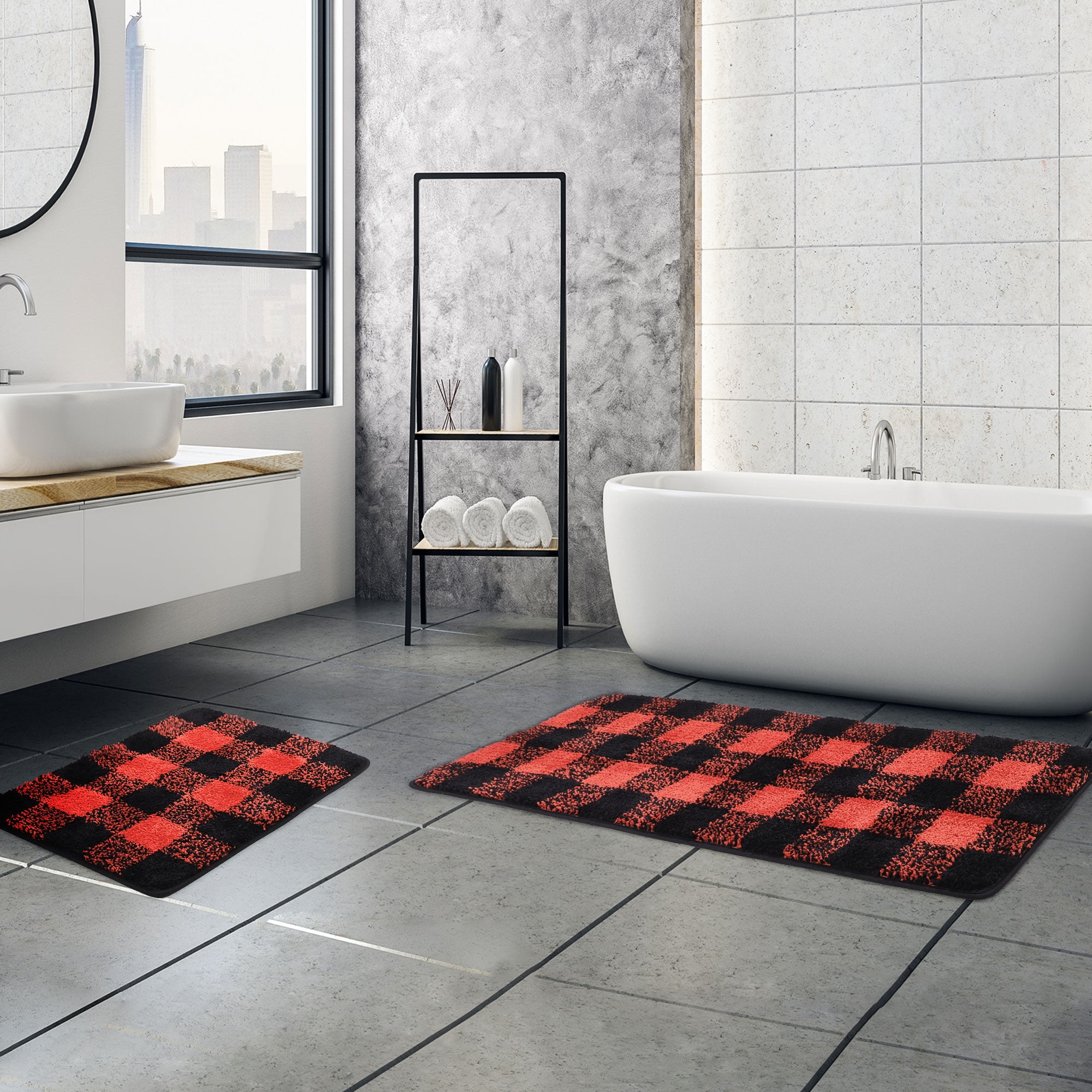REGALWOVEN Microfiber Plaid Bathroom Rugs, 2 Pcs Extra Soft Fluffy Absorbent Bath Rug Black & Red 17"x24"&17"x47"