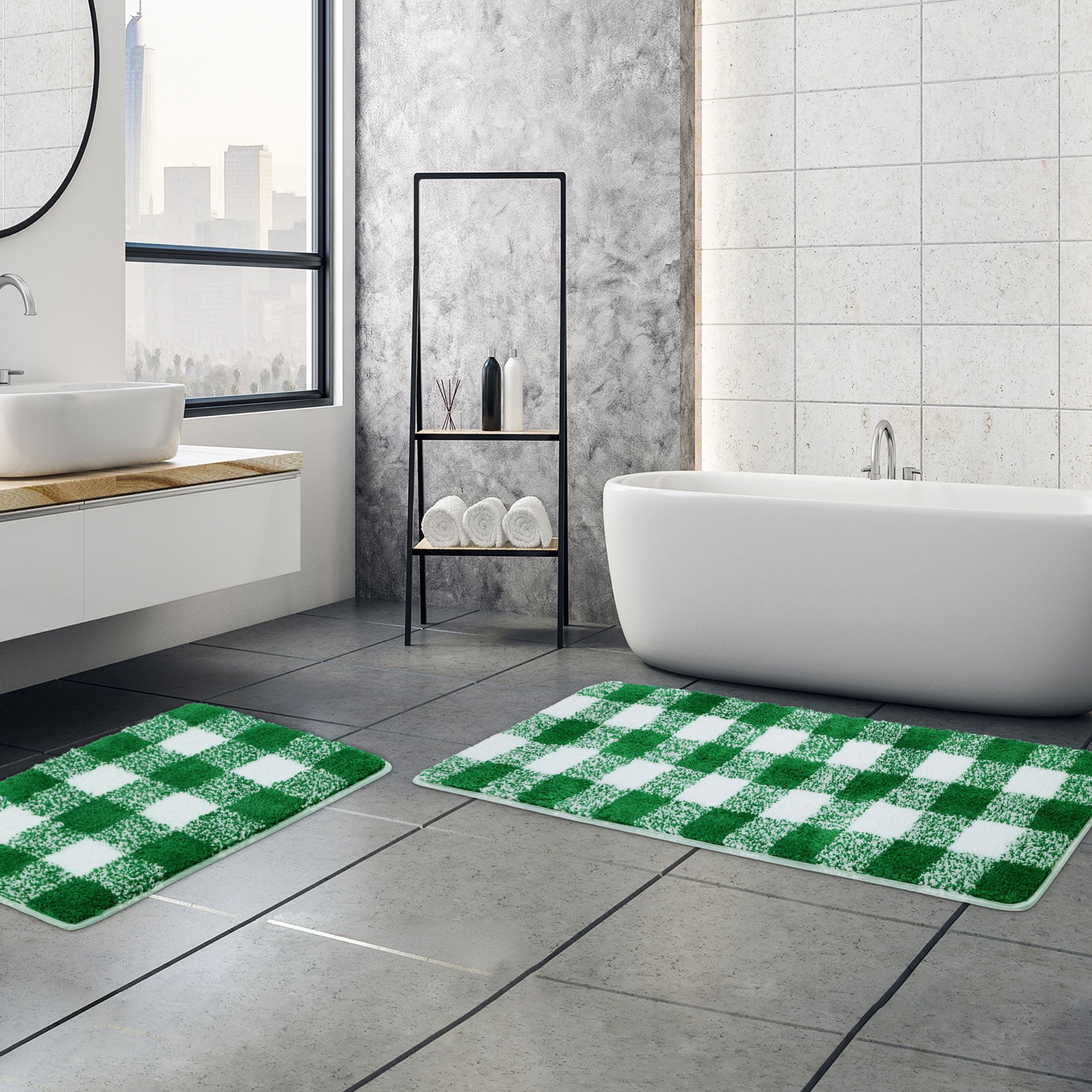 REGALWOVEN Microfiber Plaid Bathroom Rugs, 2 Pcs Extra Soft Fluffy Absorbent Bath Rug Green & White 17"x24"&17"x47"