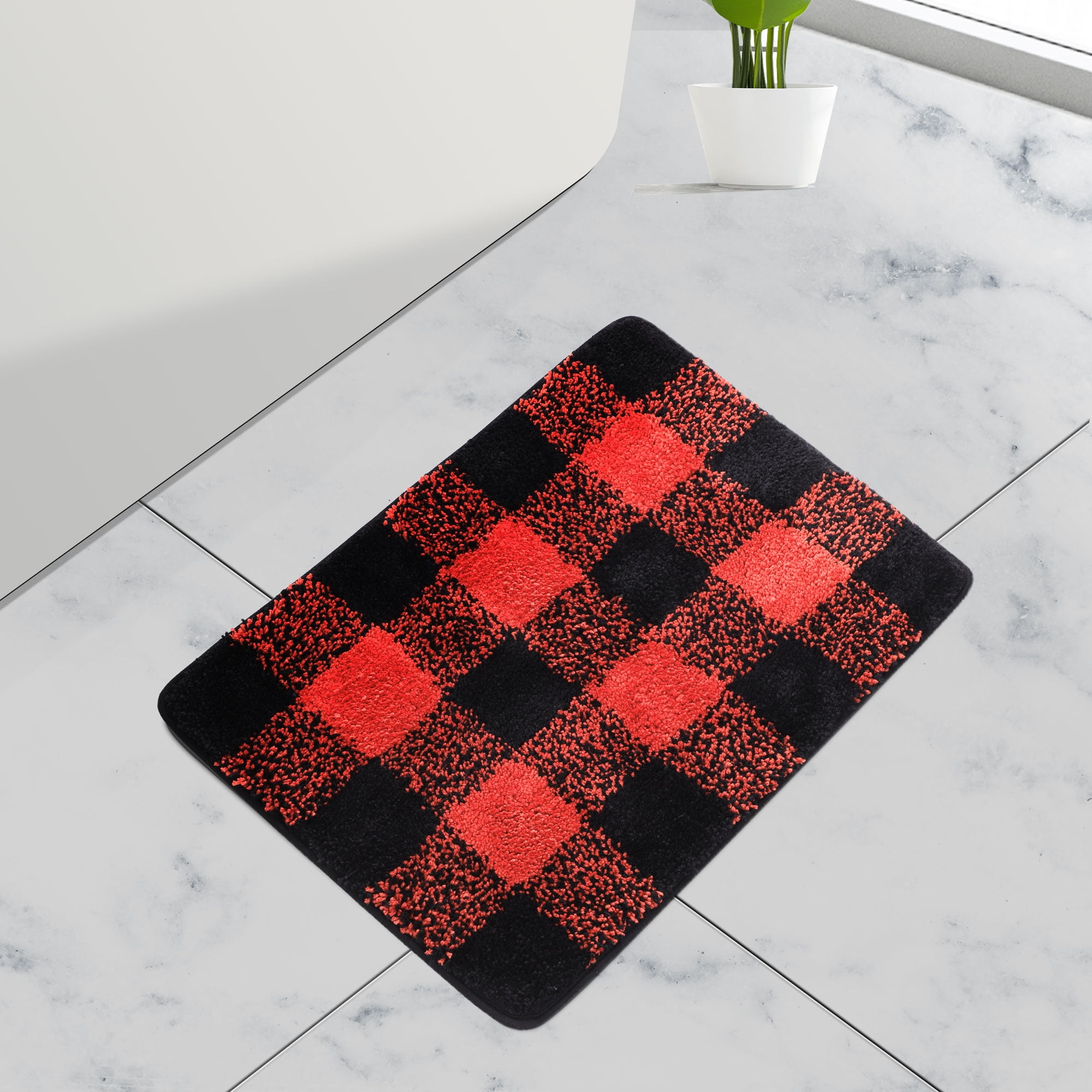 REGALWOVEN Microfiber Plaid Bathroom Rugs, Extra Soft Fluffy Absorbent Bath Rug Black & Red 17"x24"