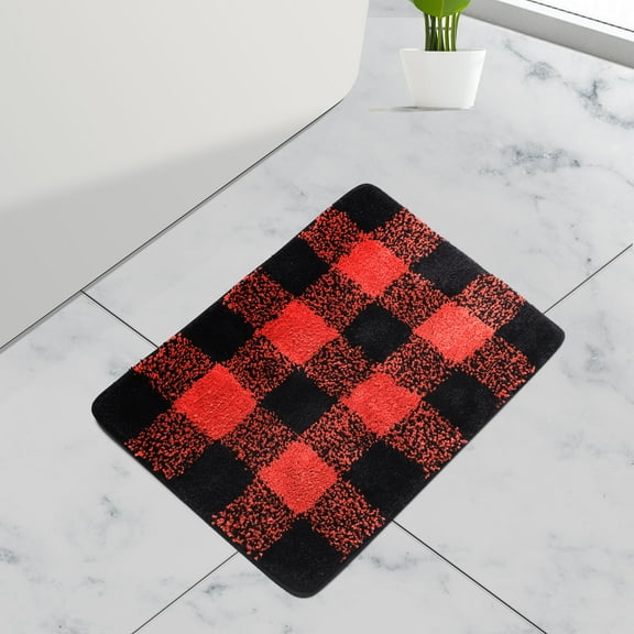 REGALWOVEN Microfiber Plaid Bathroom Rugs, Extra Soft Fluffy Absorbent Bath Rug Black & Red 17"x24"