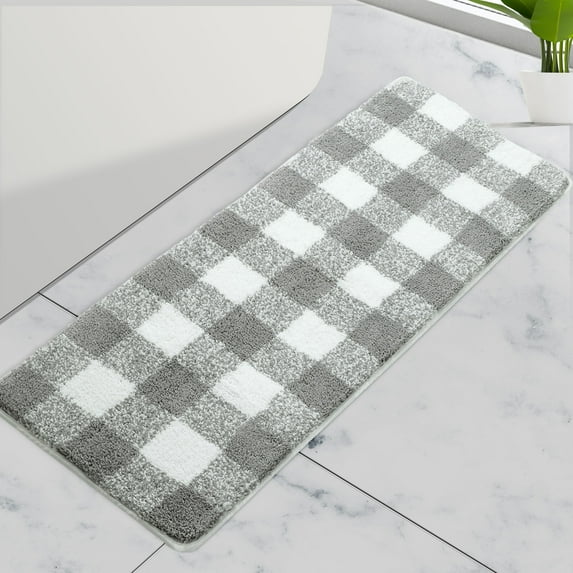 REGALWOVEN Microfiber Plaid Bathroom Rugs, Extra Soft Fluffy Absorbent Bath Rug Gray & White 17"x47"