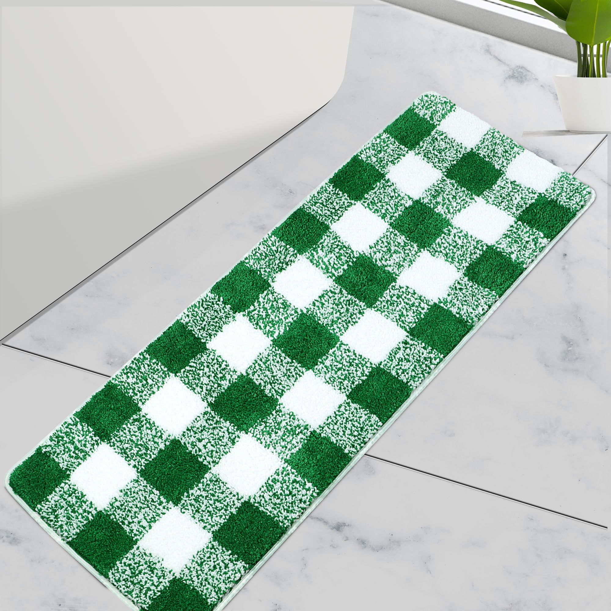 REGALWOVEN Microfiber Plaid Bathroom Rugs, Extra Soft Fluffy Absorbent Bath Rug Green & White 17"x47"
