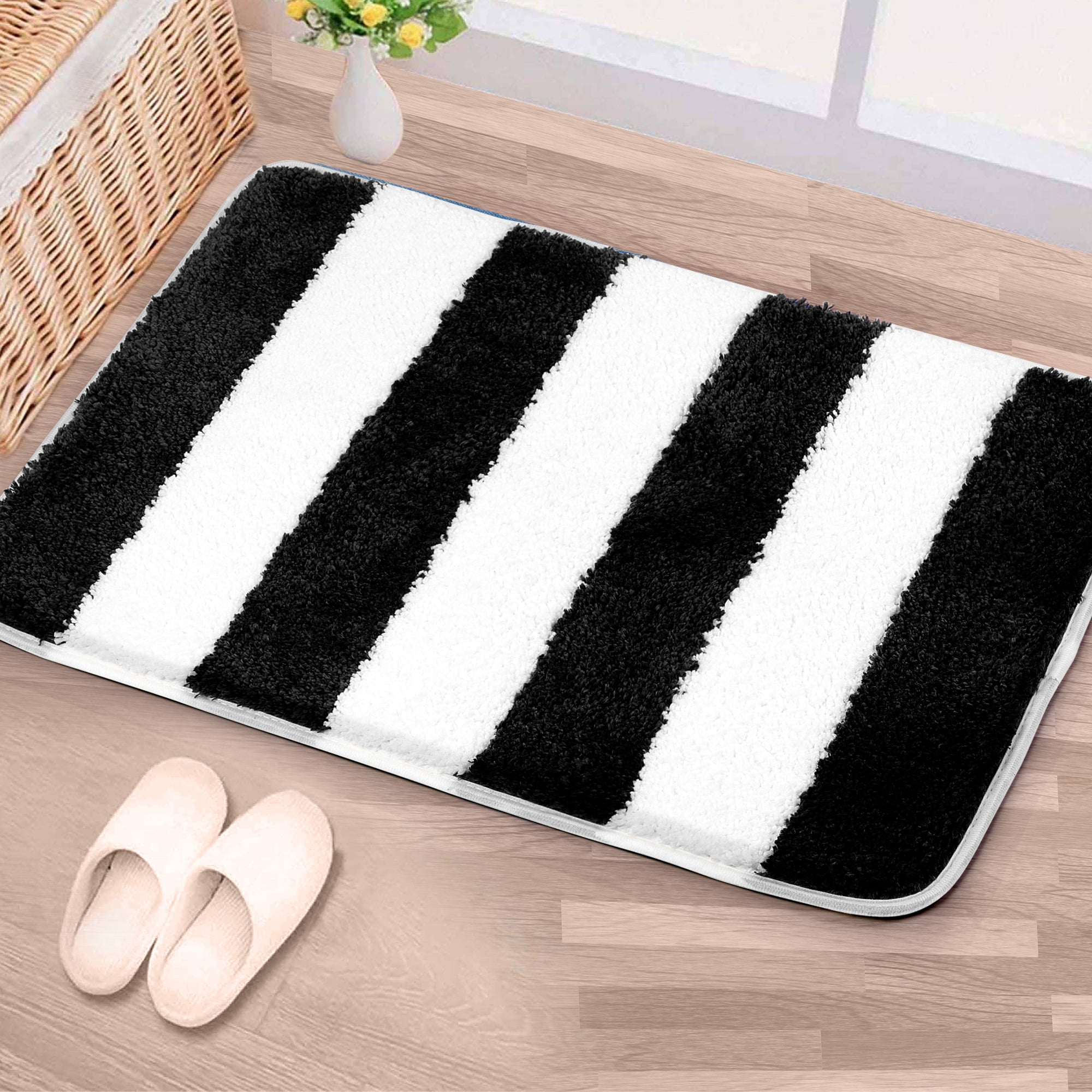 REGALWOVEN Microfiber Striped Bathroom Rugs, Shaggy Soft Thick&Water Absorbent Bath Mat Black&White 20"x31"