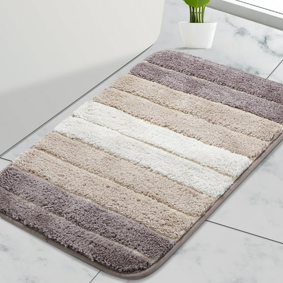 REGALWOVEN Microfiber Striped Bathroom Rugs, Shaggy Soft Thick and Absorbent Bath Mat Khaki 20"x31"