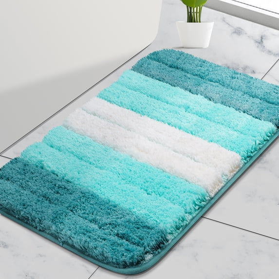 REGALWOVEN Microfiber Striped Bathroom Rugs, Shaggy Soft Thick and Absorbent Bath Mat Turquoise 16"x24"