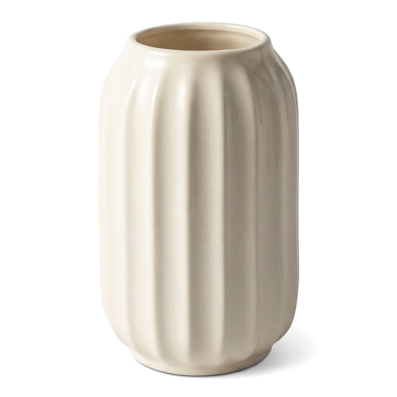REGALWOVEN Modern Ceramic Flower Vase Matte Ribbed Vase, Small Decorative Vase for Desktop & Bathroom, Minimalist Centerpiece Beige 3.5" x 3.5" x 5.9"