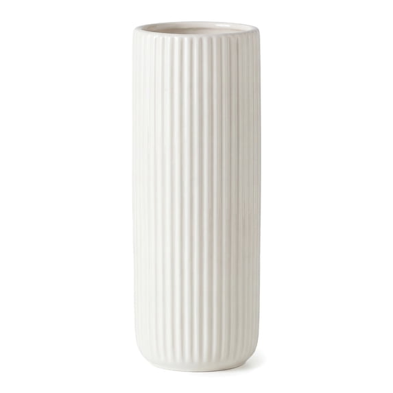 REGALWOVEN Modern Cylinder Ceramic Flower Vase, Matte Ribbed Decorative Bud Vase, Home Decor Centerpiece for Table, Shelf Bright White 2.8"L x 2.8"W x 8.0"H
