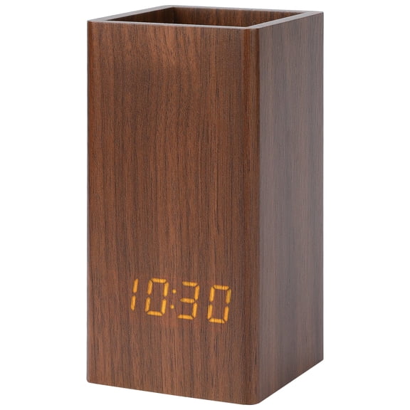 REGALWOVEN Multifunctional LED Alarm Clock with Pen Storage, 4-Level Brightness, Voice Wake-Up, Fits Bedside Table Brown 5.5"L x 2.6"W x 2.8"H