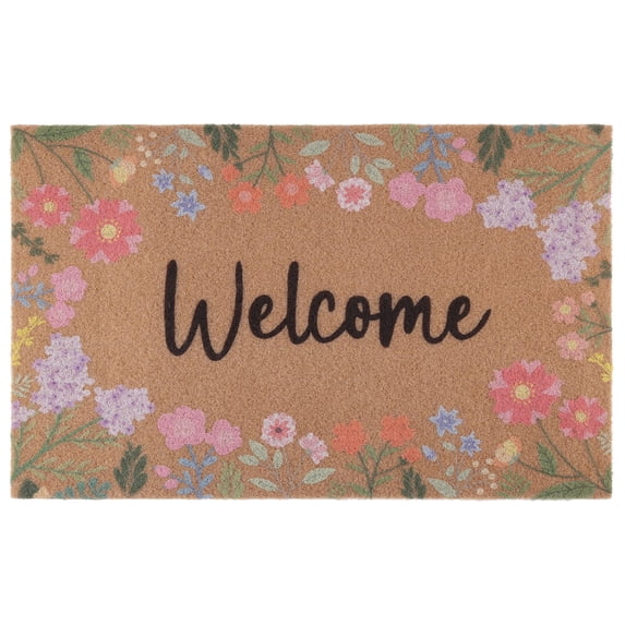 REGALWOVEN Natural Coir Doormat, Front Door Mat Outdoor with Non-Slip Backing, Waterproof Welcome Mat for Scraper Rug Brown Flower 28" x 18"