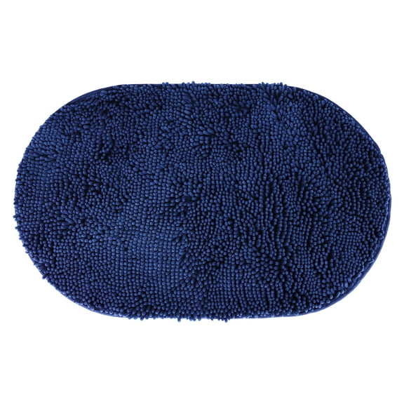 REGALWOVEN Oval Plush Bath Mat, Soft Non Slip Washable Absorbent Rug, Rubber Backing Quick Dry Rugs for Shower Floor Dark Blue 20" x 32"