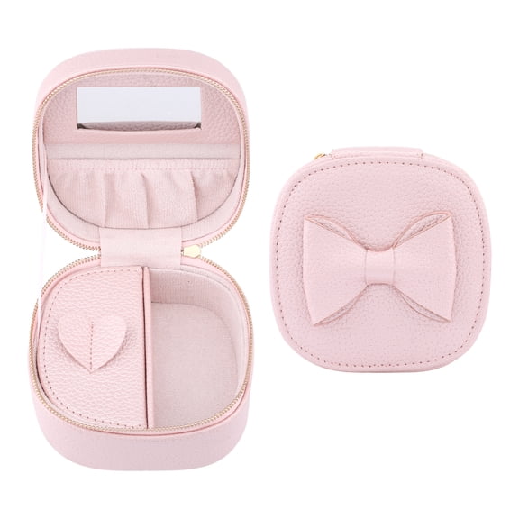 REGALWOVEN PU Leather Travel Jewelry Box with Mirror for Women, Portable Organizer Case Pink