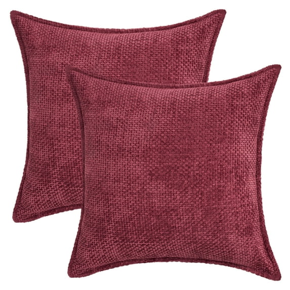 REGALWOVEN Pack of 2 Chenille Solid Decorative Throw Pillow Covers Check Soft Cushion Case Modern for Sofa Living Room Couch Claret 18" x 18"