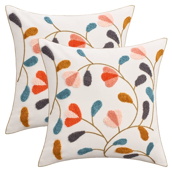 REGALWOVEN Pack of 2 Flower Embroidered Decorative Throw Pillow Covers for Sofa Couch Multicolor 18" x 18"