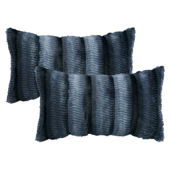 REGALWOVEN Pack of 2 Plush Striped Pillow Case Luxury Series Soft Fluffy Modern Throw Pillow Covers for Sofa Living Room Car Dark Blue 20" x 12"