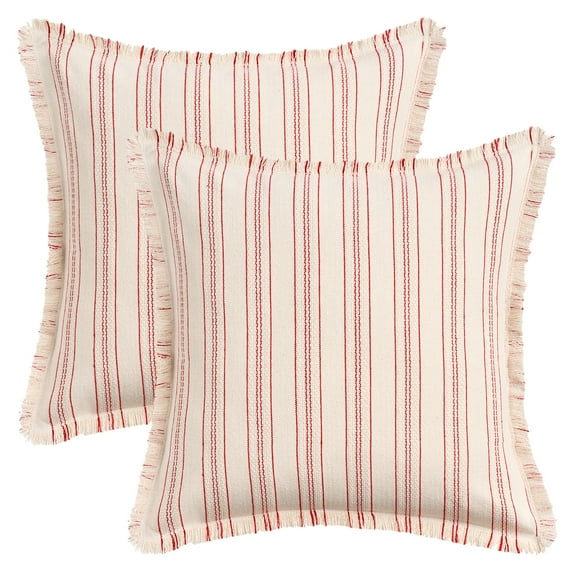 REGALWOVEN Pack of 2 Striped Decorative Throw Pillow Covers with Tassel Edge Modern Neutral Pillowcases for Sofa Bedroom Couch Car Red 18" x 18"