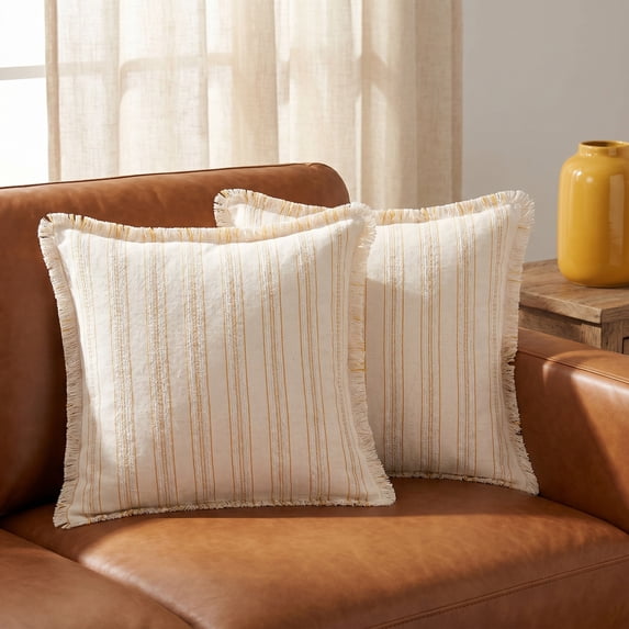 REGALWOVEN Pack of 2 Striped Decorative Throw Pillow Covers with Tassel Edge Modern Neutral Pillowcases for Sofa Bedroom Couch Car Yellow 18" x 18"