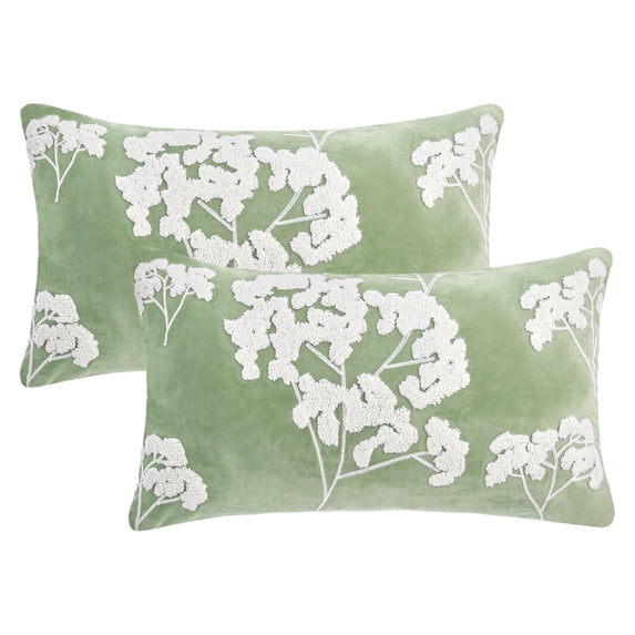 REGALWOVEN Pack of 2 Velvet Soft Decorative Throw Pillow Covers Plum Blossom Embroidery Pillowcases for Sofa Bedroom Couch Car Green 20" x 12"