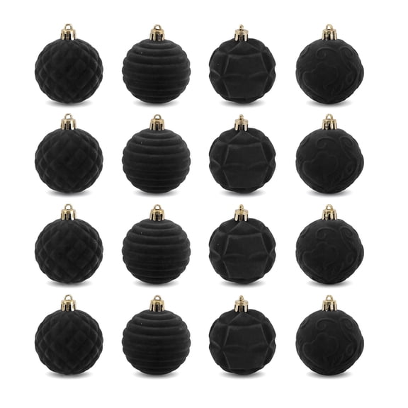 REGALWOVEN Painted Velvet Christmas - 12 Pack Flocked Sphere Orbs, Luxury Tree Hanging Ornaments Vintage Decor Black 2.4"