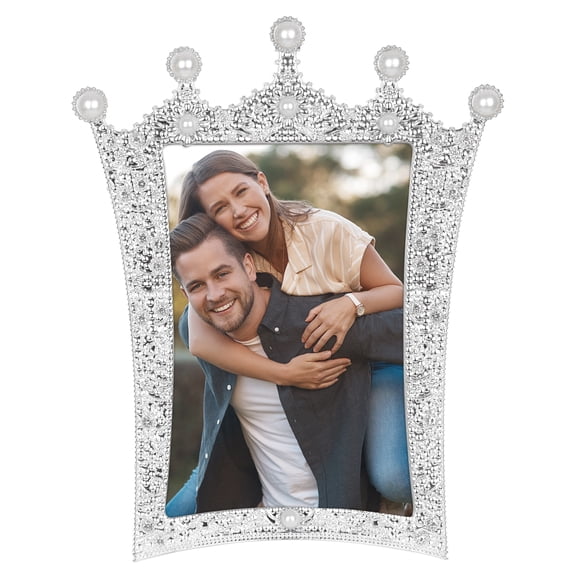 REGALWOVEN Pearl Picture Frame with Royal Crown Crystal Decor Resin Photo Frames for Wedding Desktop Decor Silver 4x6