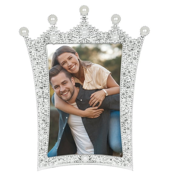 REGALWOVEN Pearl Picture Frame with Royal Crown Crystal Decor Resin Photo Frames for Wedding Desktop Decor Silver 5x7