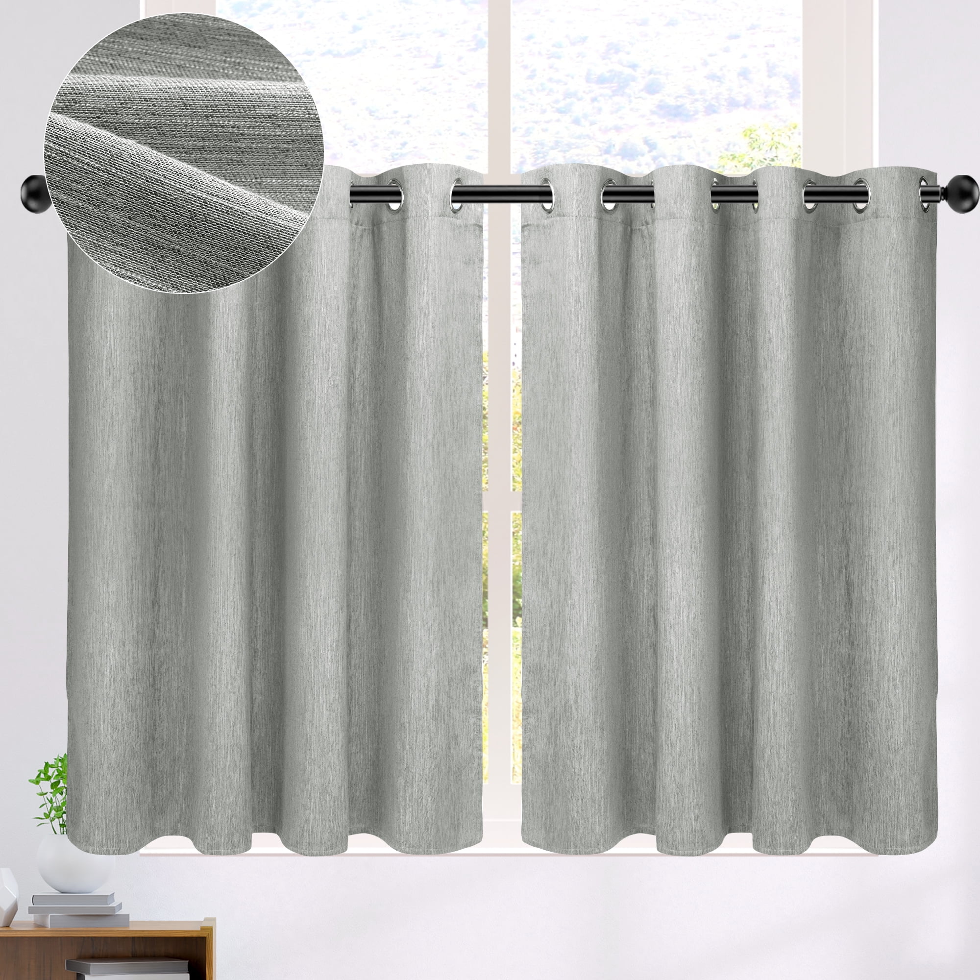 REGALWOVEN Linen Look Textured Blackout Room Darkening Curtains for Kitchen and Window 2 Panels Gray 52"W x 36"L