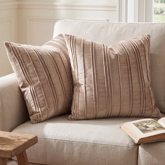 REGALWOVEN Pleated Textured Throw Pillow Covers 2 Pack Couch Cushion Cases for Modern Home Decor Khaki 18 x 18 Inch