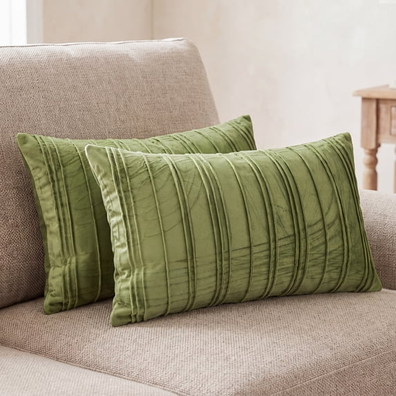 REGALWOVEN Pleated Textured Throw Pillow Covers 2 Pack Couch Cushion Cases for Modern Home Decor Olive Green 20 x 12 Inch