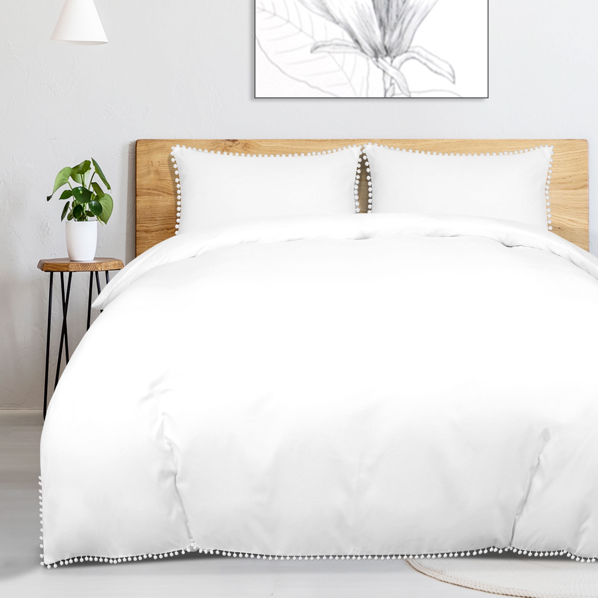 REGALWOVEN Pompoms 3 Pieces Duvet Cover Bedding Set with 2 Pillowcases White, King