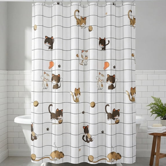 REGALWOVEN Printed Shower Curtain ,Waterproof PEVA Bath Shower Curtain Sets with 12 Hooks for Bathroom Decor Cat 71"W x 71"L