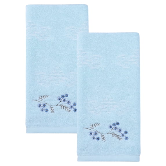 REGALWOVEN Pure Cotton Embroidered Hand Towels, 2 Pack Ultra Soft Absorbent Floral Bathroom Towels Quick Dry for Guest Room Vanity Blue 29" x 13"