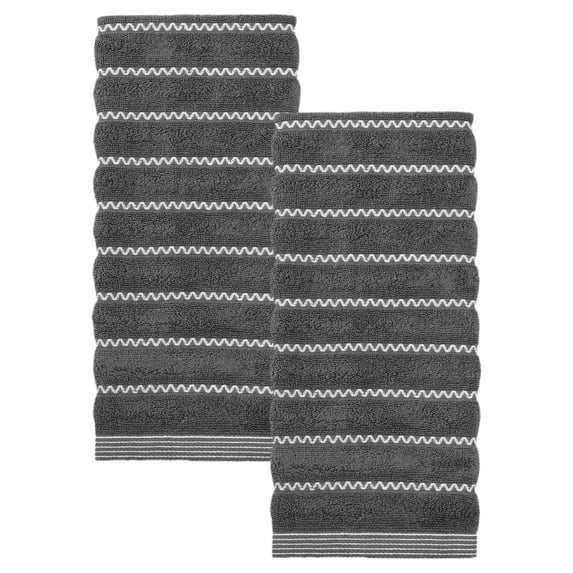 REGALWOVEN Pure Cotton Soft Hand Towels, Wavy Stripe Highly Absorbent Towels, 2 Pack Decorative Towel Set for Bathroom, Guest Room, Holiday Dark Grey 29" x 13"