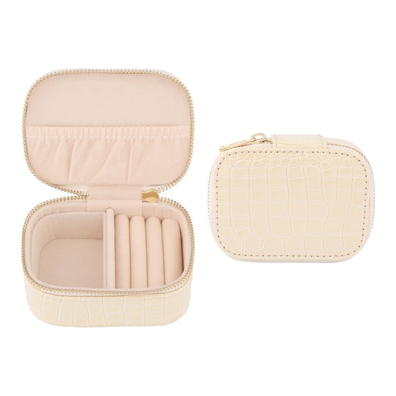 REGALWOVEN Rectangular Leather Jewelry Box for Women, Single Layer Travel Jewelry Organizer with Zipper White
