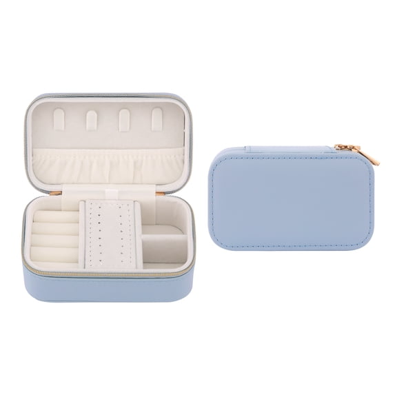REGALWOVEN Rectangular PU Leather Jewelry Box for Women Single Layer Travel Jewelry Organizer with Zipper Blue