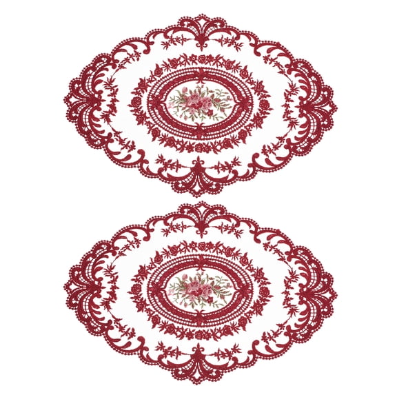 REGALWOVEN Retro Lace Placemat Oval Embroidered Table Place Mats French Crochet Doilies Red