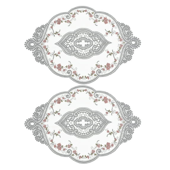 REGALWOVEN Retro Lace Placemat Oval Embroidered Table Place Mats French Doilies Gray