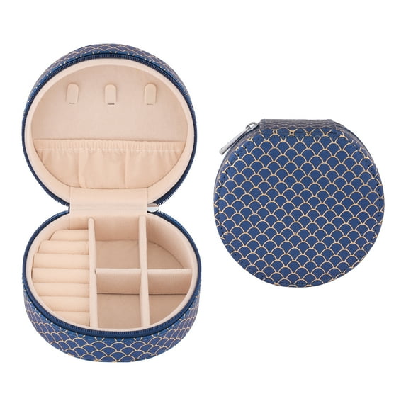 REGALWOVEN Round PU Leather Jewelry Box for Women, Single Layer Travel Jewelry Organizer with Zipper Dark Blue