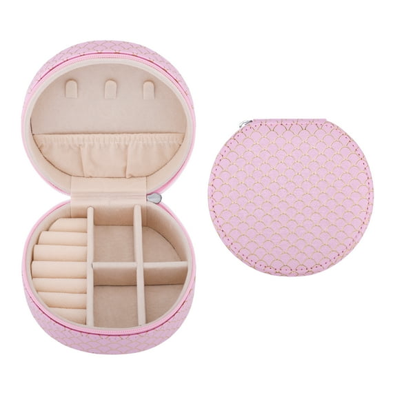 REGALWOVEN Round PU Leather Jewelry Box for Women, Single Layer Travel Jewelry Organizer with Zipper Pink