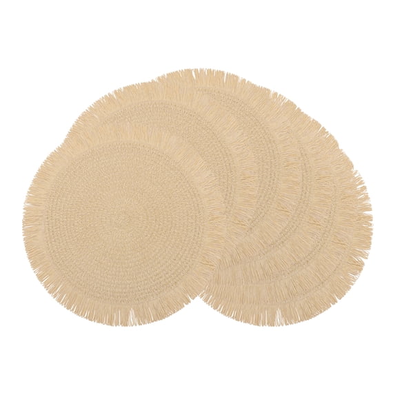 REGALWOVEN Rustic Placemats Set of 6 Woven Round Placemats with Tassels for Dining Table Decor Washable Kitchen Table Mat Wipe Clean Beige 15x15inch