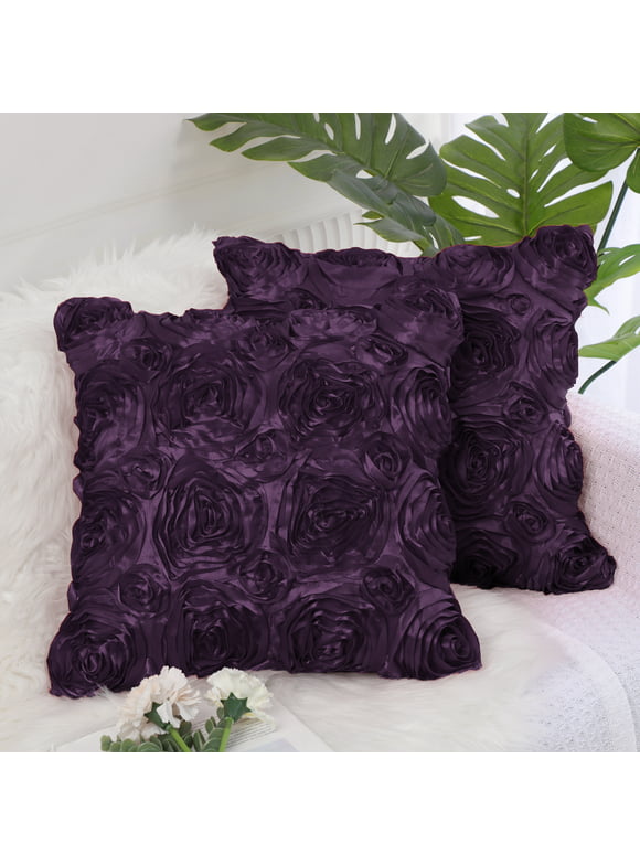 REGALWOVEN Satin 3D Rose Flower Throw Pillow Covers 16"x16" Cushion Covers Pack of 2, Purple