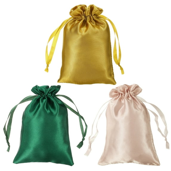 REGALWOVEN Satin Bags with Drawstring, Wedding Favor Bags Gift Packaging Green, Champagne, Gold Tone